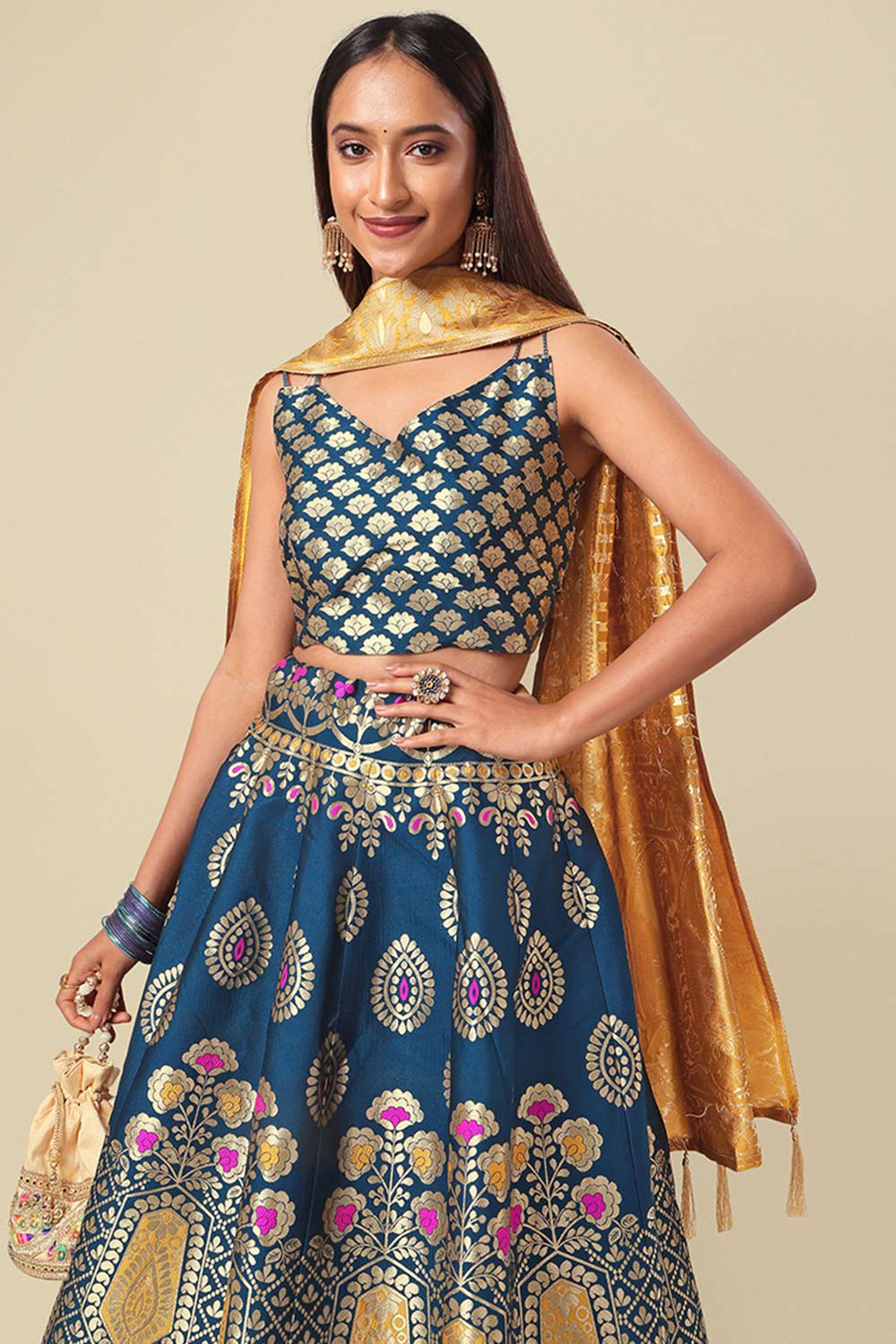 Teal Jacquard Woven Lehenga Choli