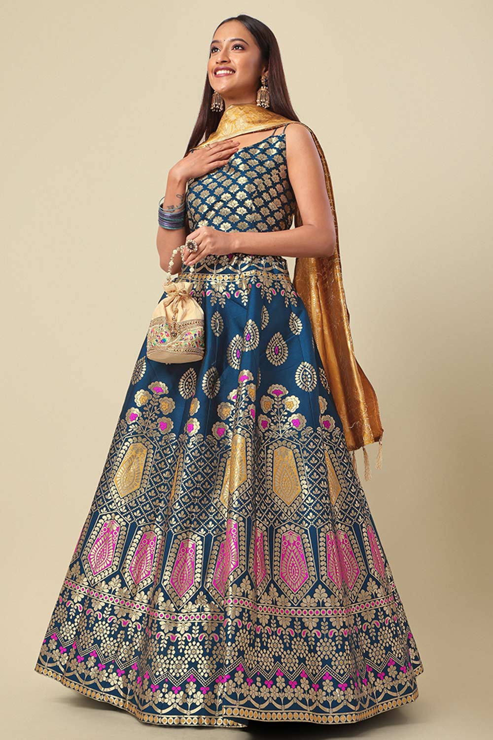 Teal Jacquard Woven Lehenga Choli