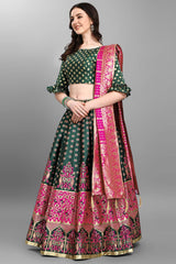 Dark Green Jacquard Woven Lehenga Choli