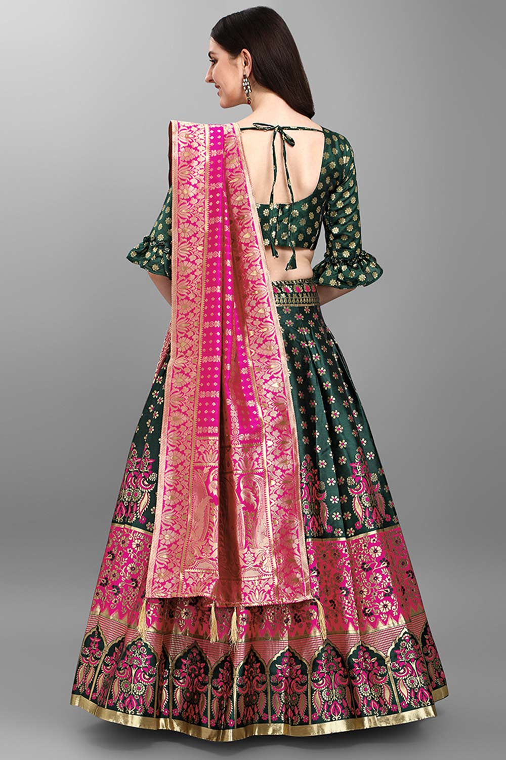 Dark Green Jacquard Woven Lehenga Choli