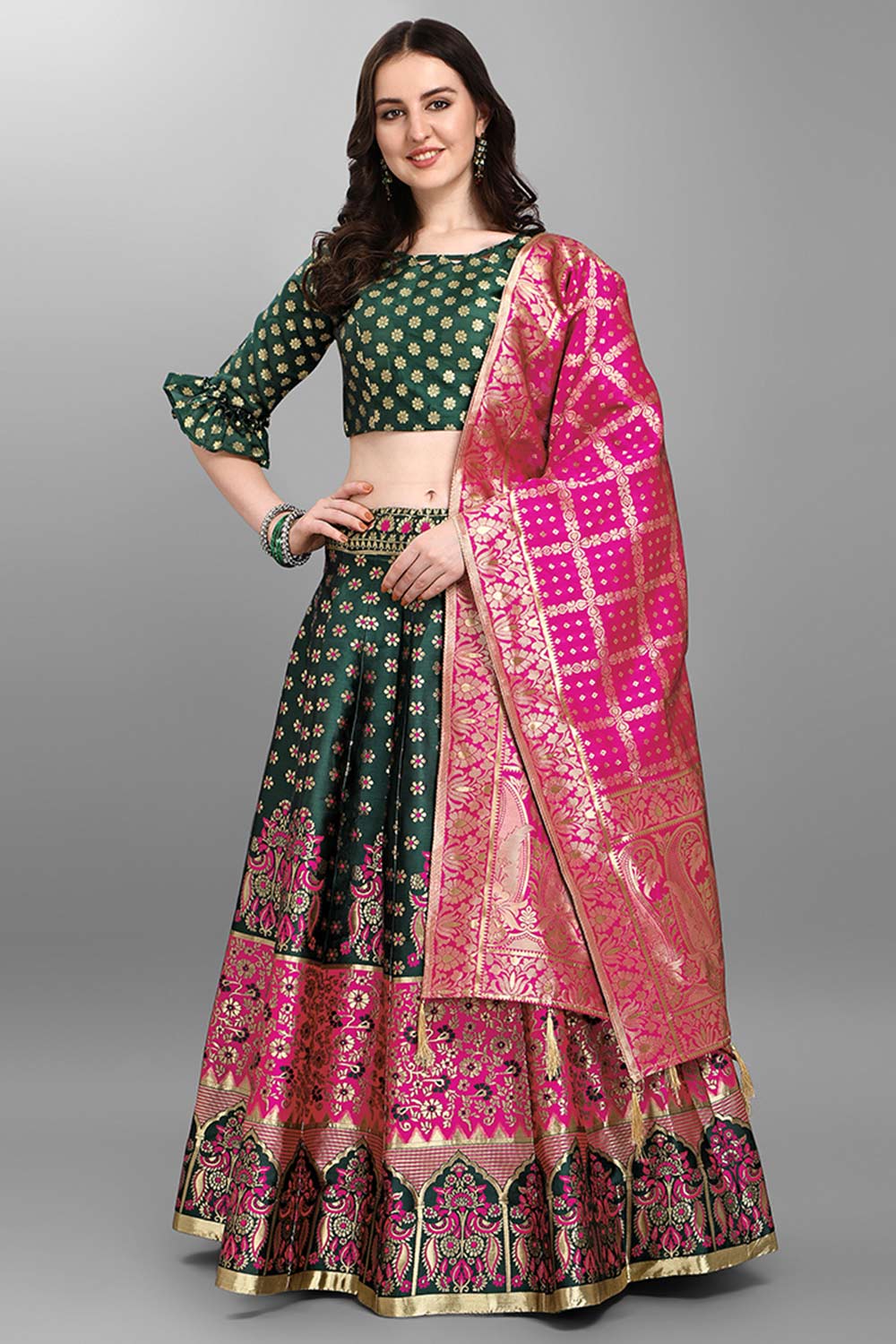 Dark Green Jacquard Woven Lehenga Choli