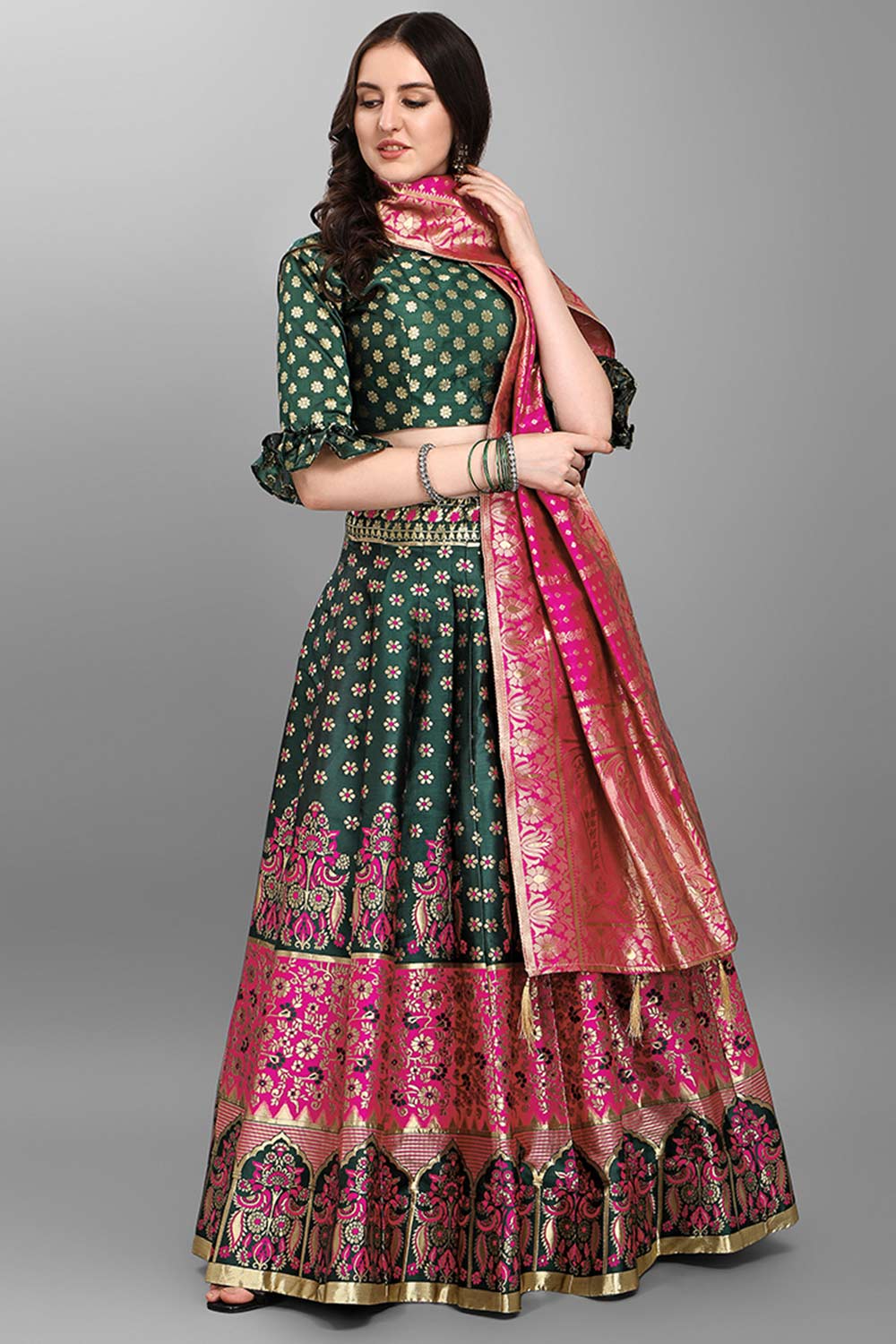 Dark Green Jacquard Woven Lehenga Choli