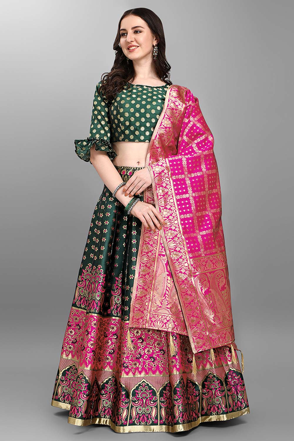 Dark Green Jacquard Woven Lehenga Choli