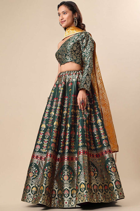 Dark Green Jacquard Woven Lehenga Choli