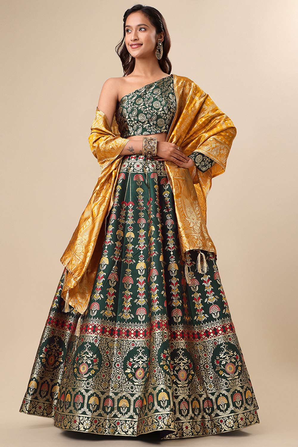 Dark Green Jacquard Woven Lehenga Choli