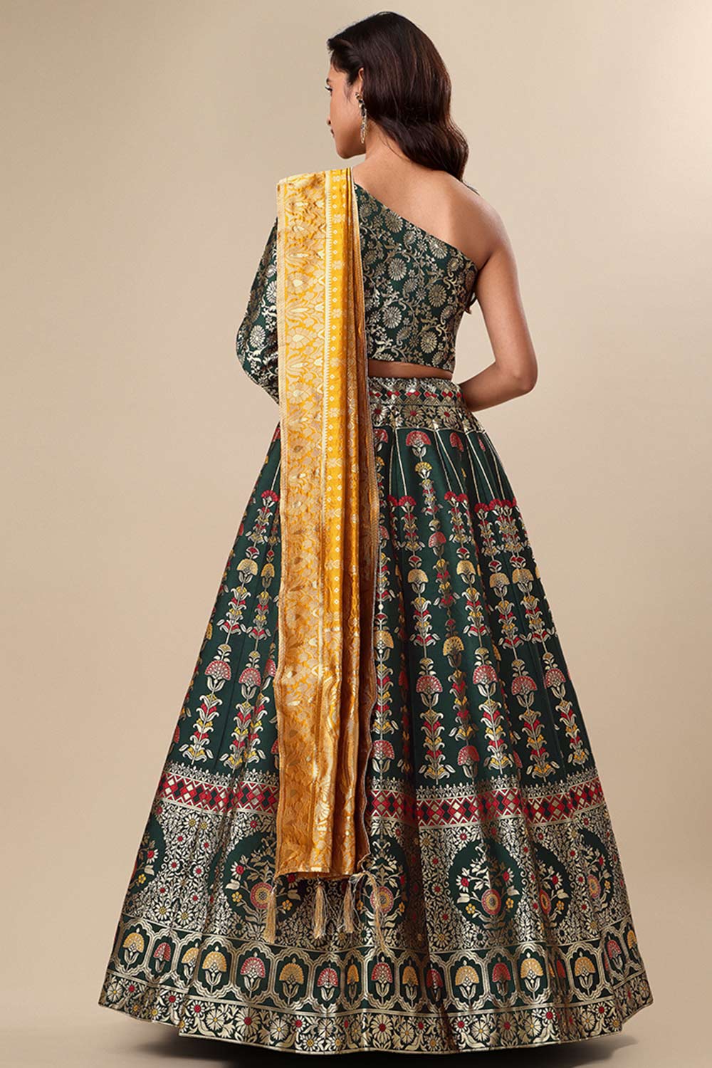 Dark Green Jacquard Woven Lehenga Choli