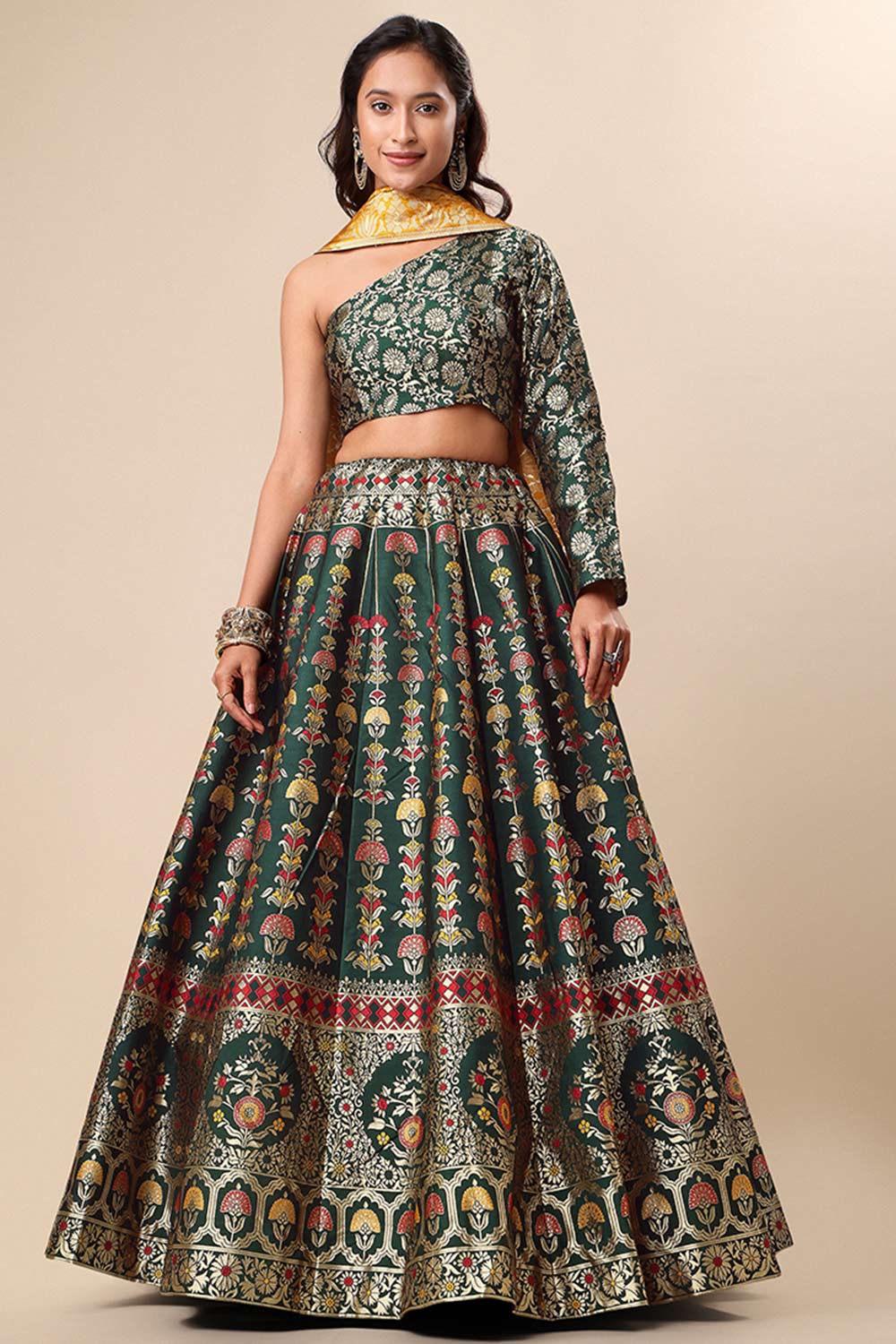 Dark Green Jacquard Woven Lehenga Choli