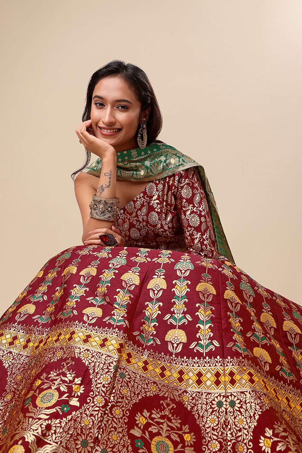 Maroon Jacquard Woven Lehenga Choli