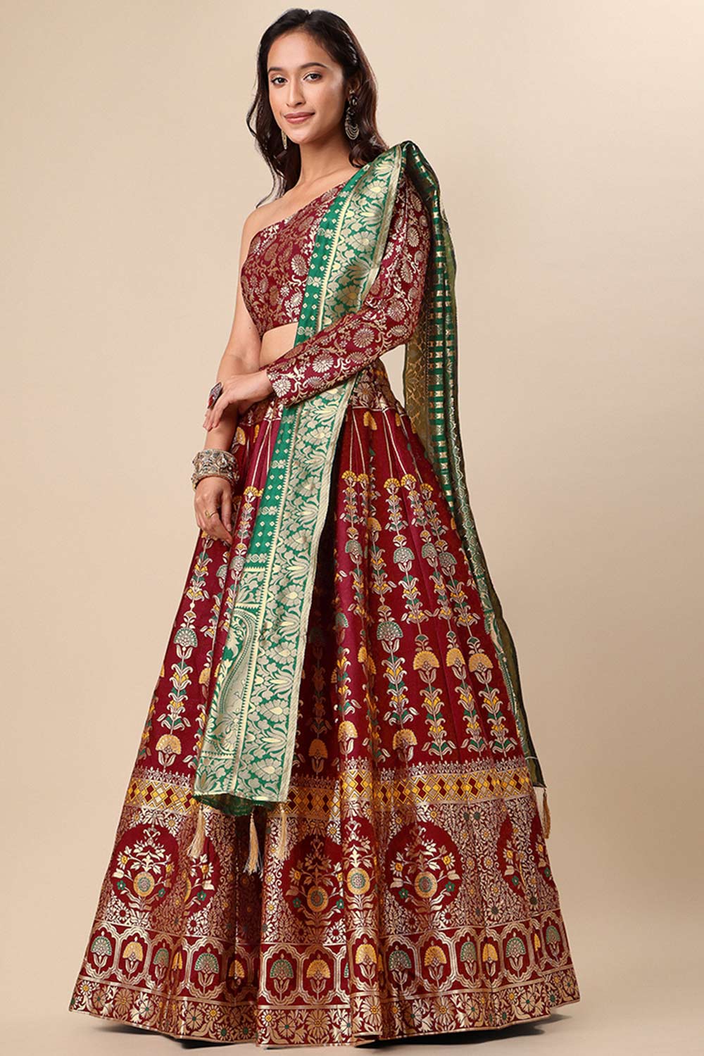 Maroon Jacquard Woven Lehenga Choli