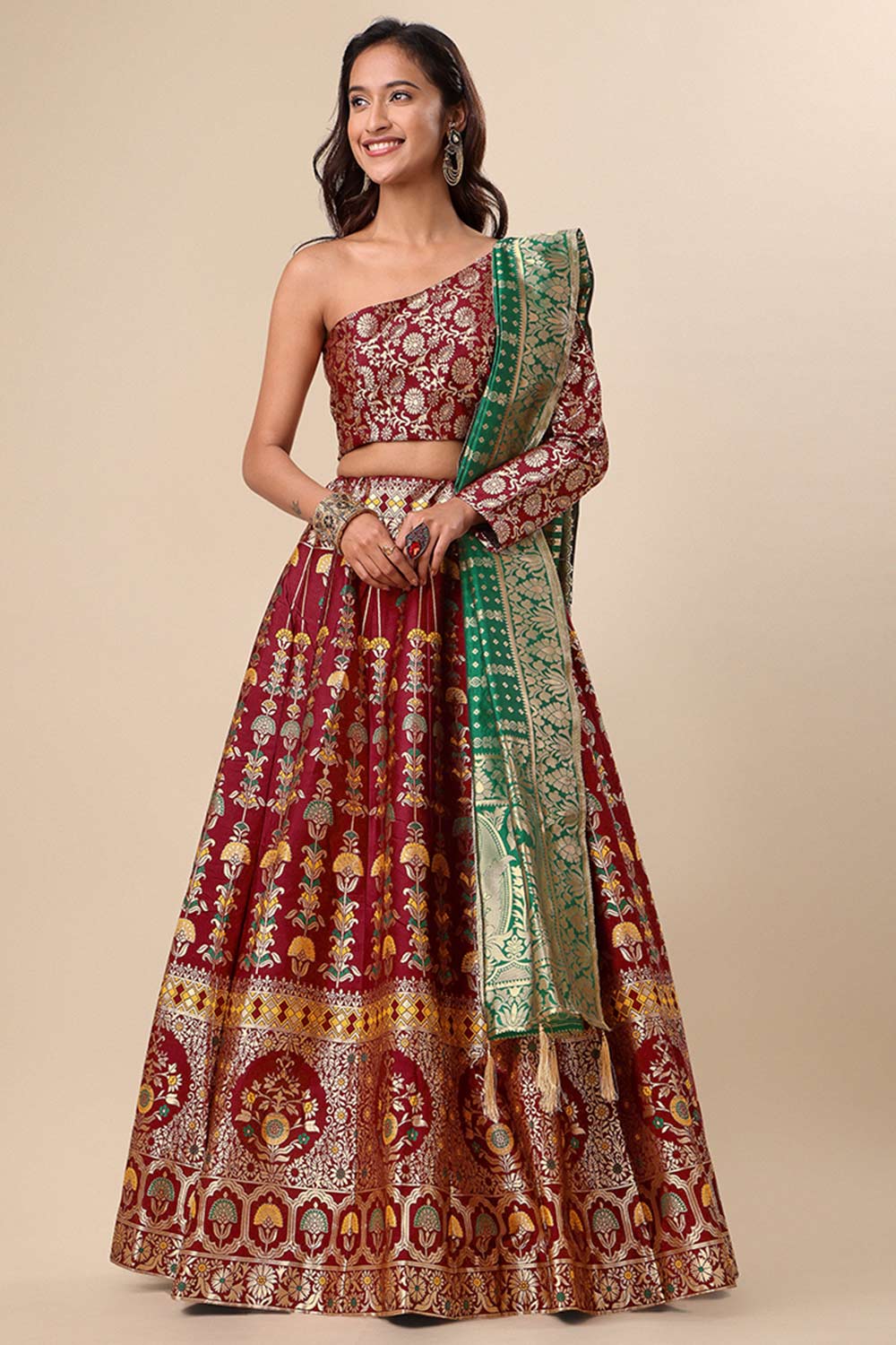 Maroon Jacquard Woven Lehenga Choli