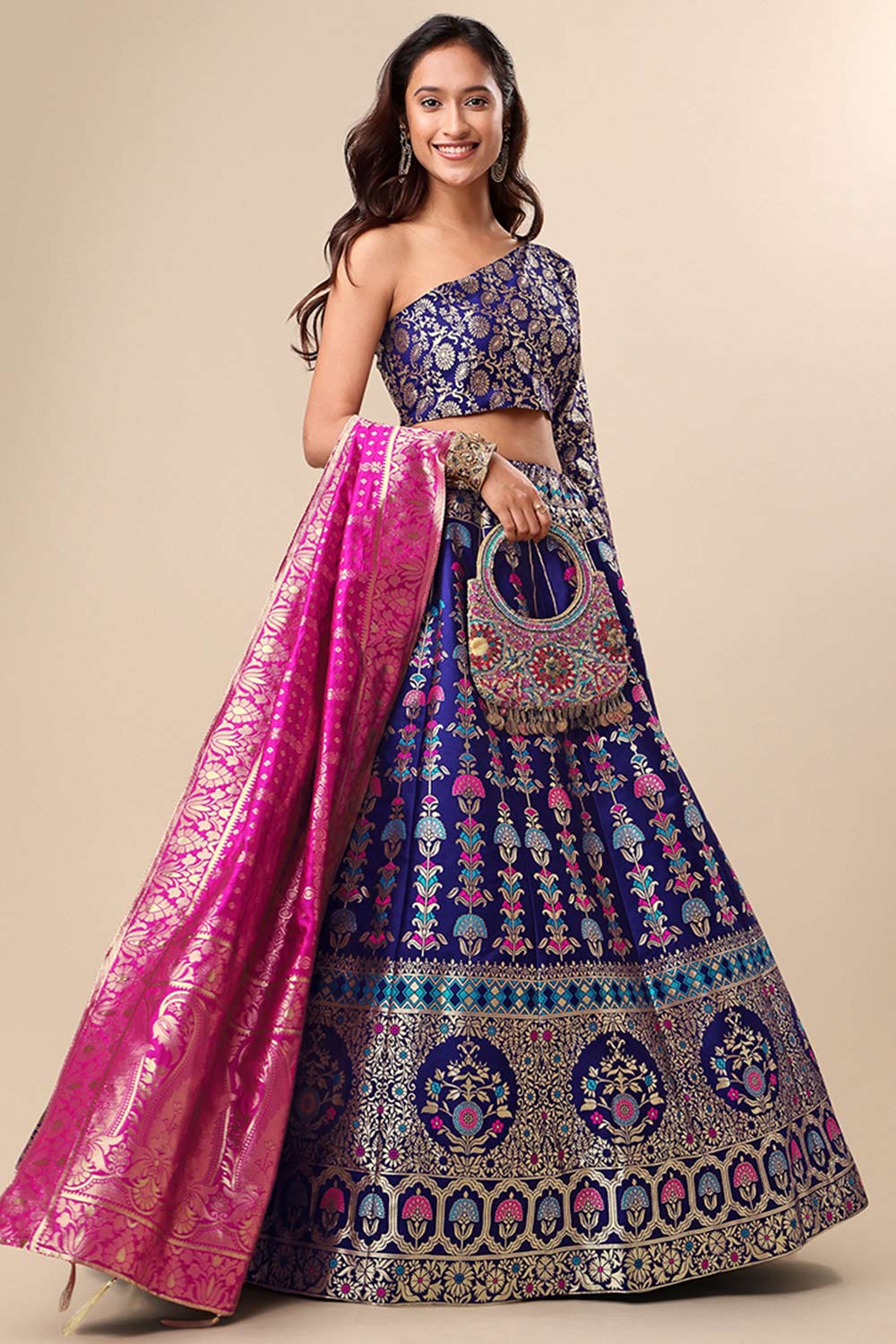 Navy Blue Jacquard Woven Lehenga Choli