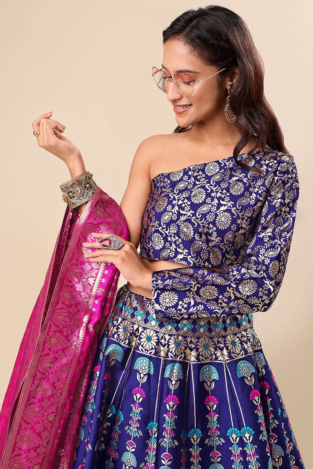 Navy Blue Jacquard Woven Lehenga Choli