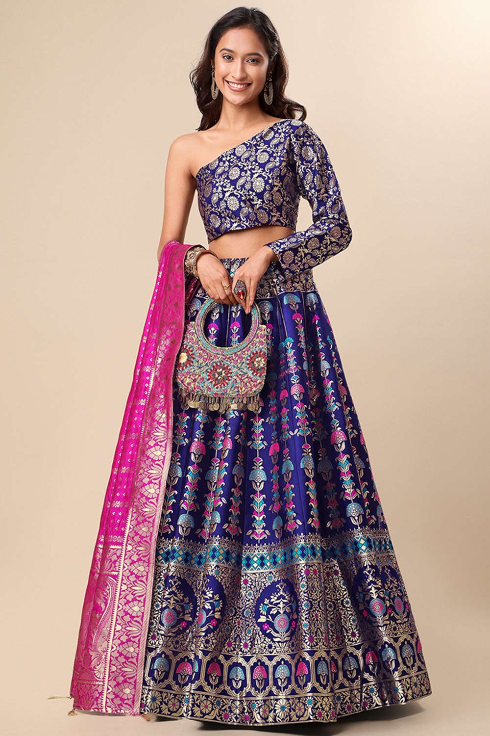 Navy Blue Jacquard Woven Lehenga Choli