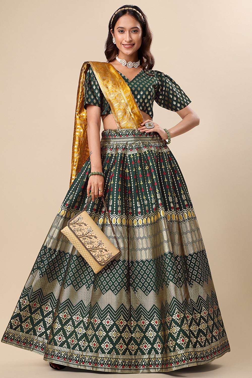 Dark Green Jacquard Woven Lehenga Choli