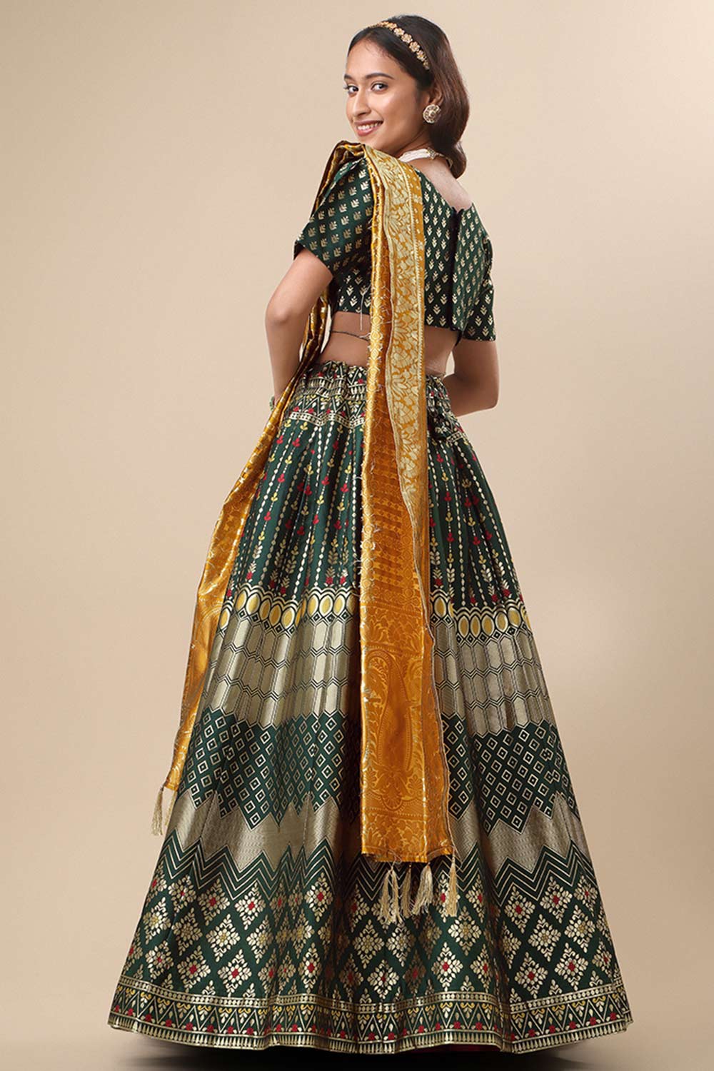 Dark Green Jacquard Woven Lehenga Choli