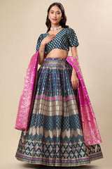 Teal Jacquard Woven Lehenga Choli