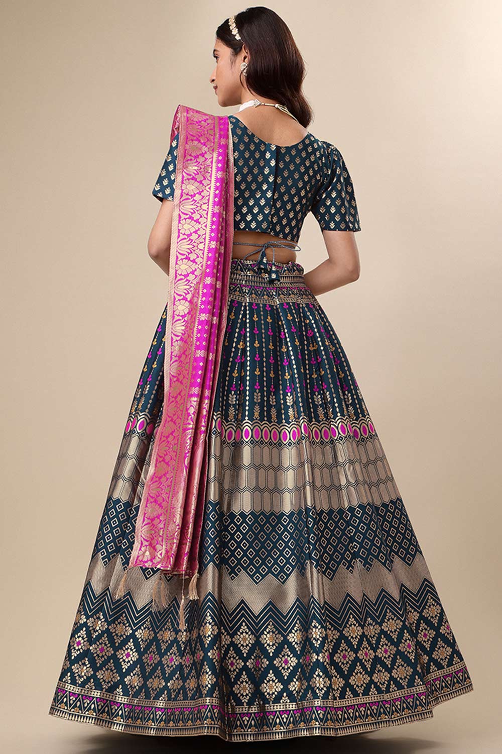 Teal Jacquard Woven Lehenga Choli