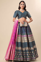 Teal Jacquard Woven Lehenga Choli