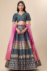 Teal Jacquard Woven Lehenga Choli