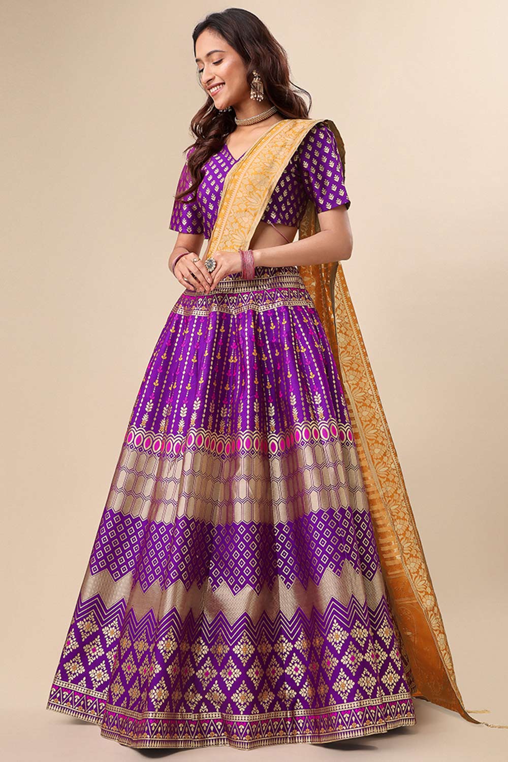 Purple Jacquard Woven Lehenga Choli