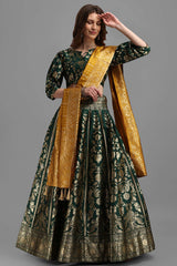 Dark Green Jacquard Woven Lehenga Choli