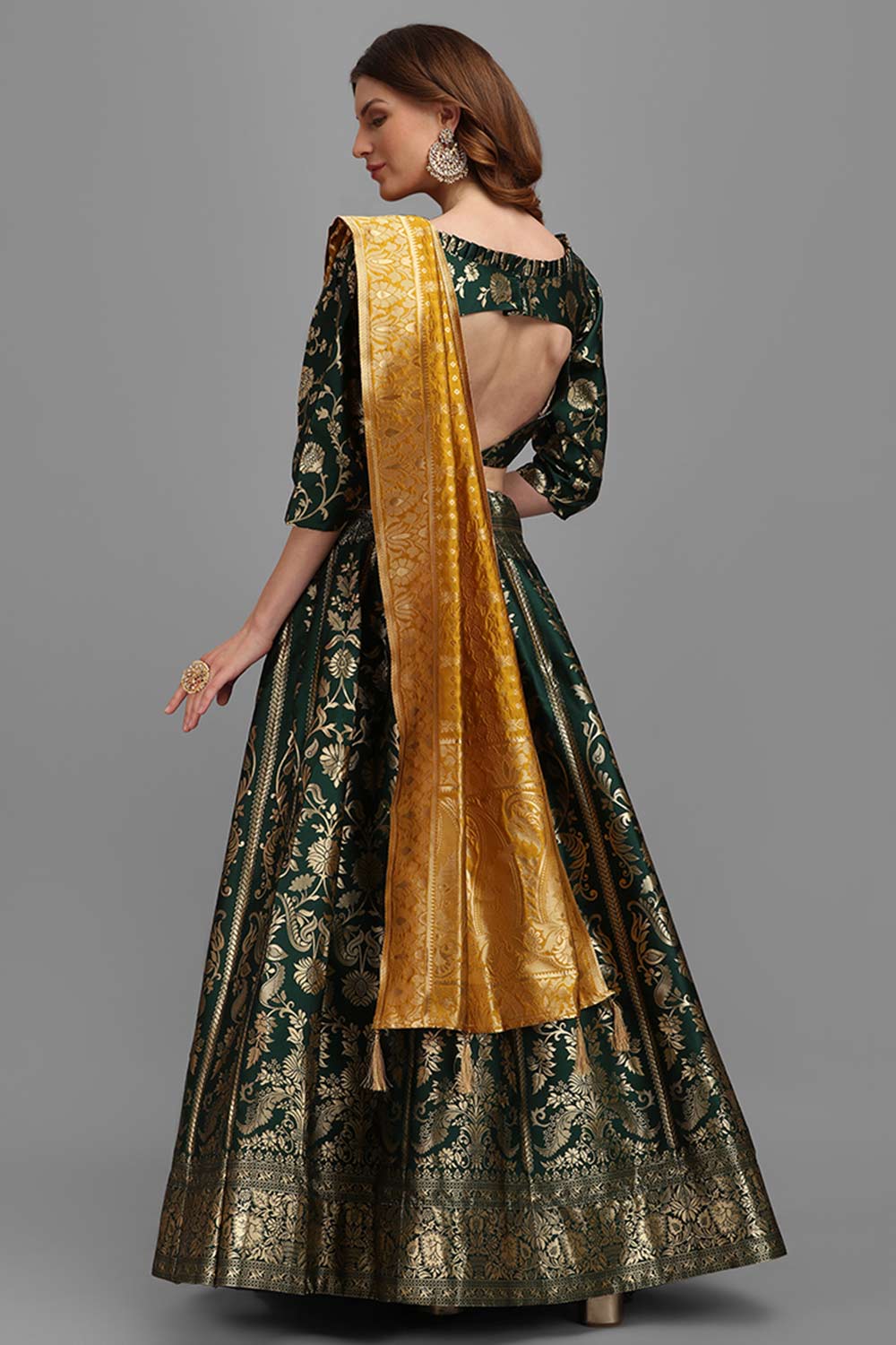 Dark Green Jacquard Woven Lehenga Choli