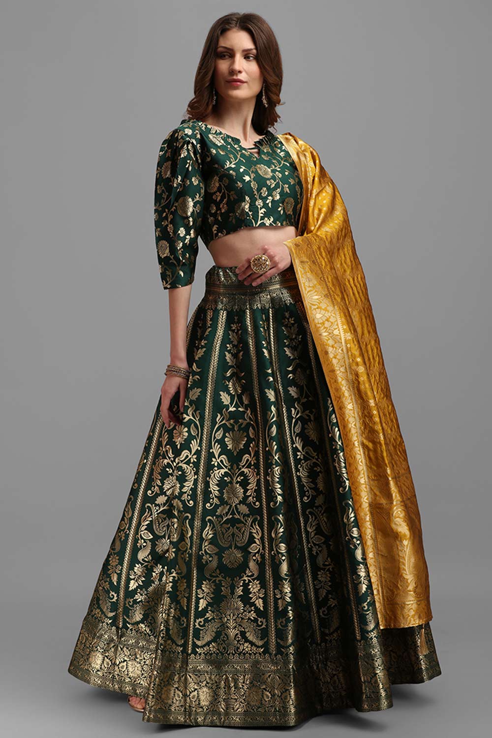 Dark Green Jacquard Woven Lehenga Choli