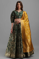 Dark Green Jacquard Woven Lehenga Choli