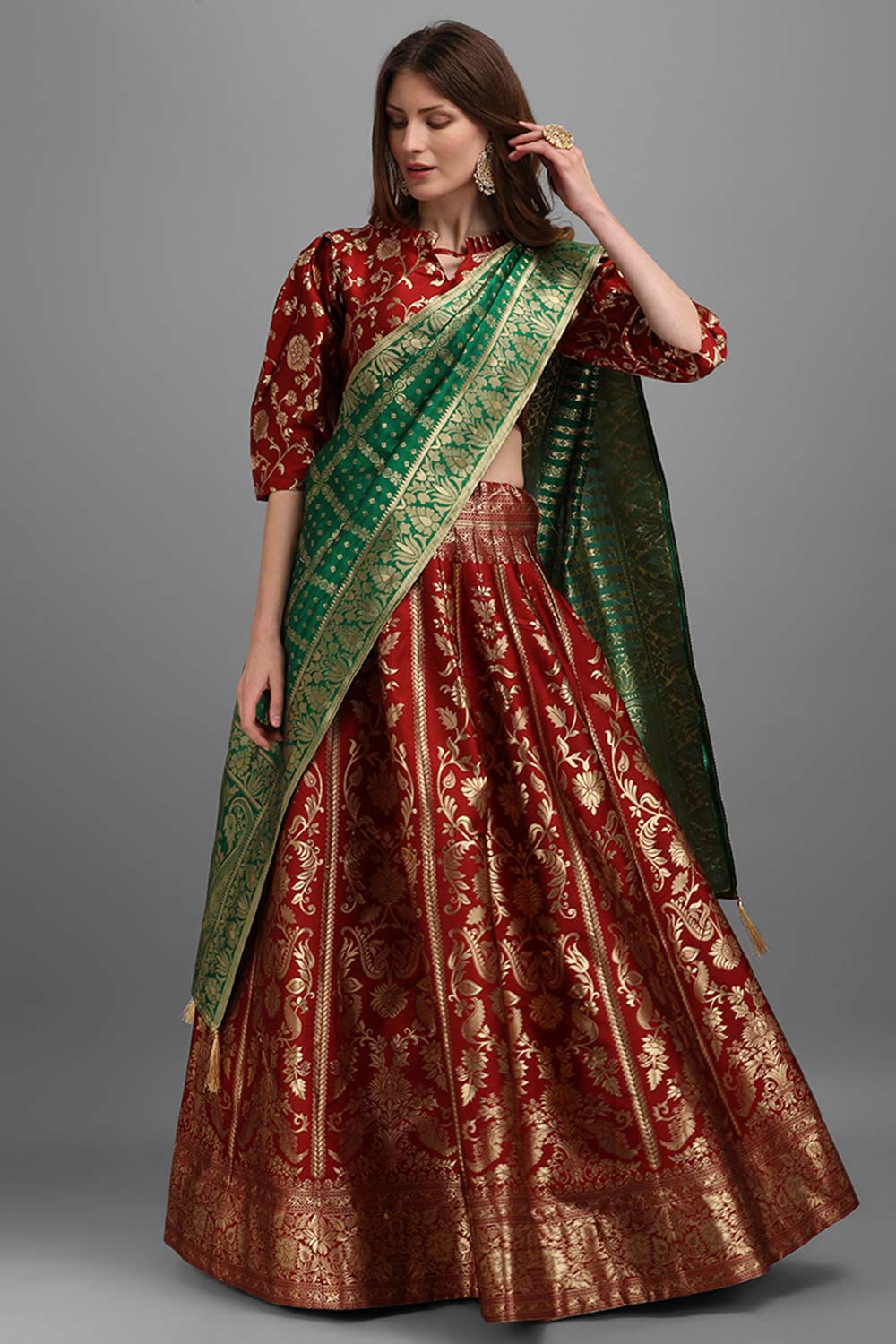 Maroon Jacquard Woven Lehenga Choli