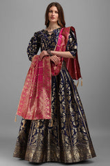 Navy Blue Jacquard Woven Lehenga Choli