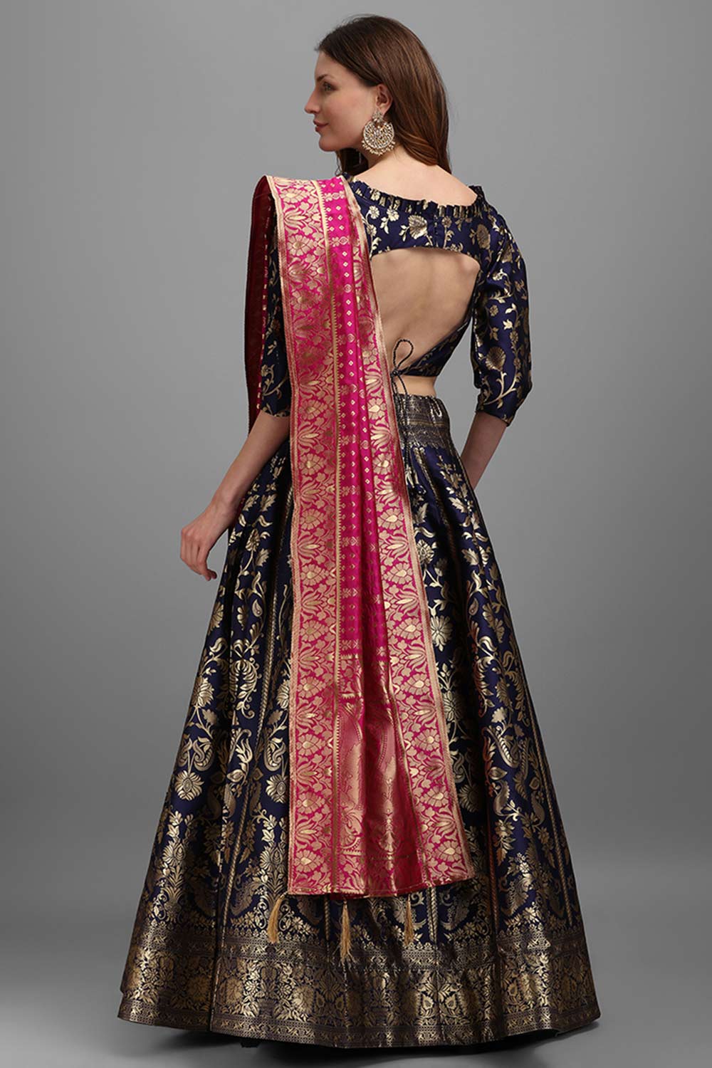 Navy Blue Jacquard Woven Lehenga Choli