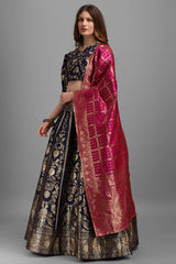 Navy Blue Jacquard Woven Lehenga Choli