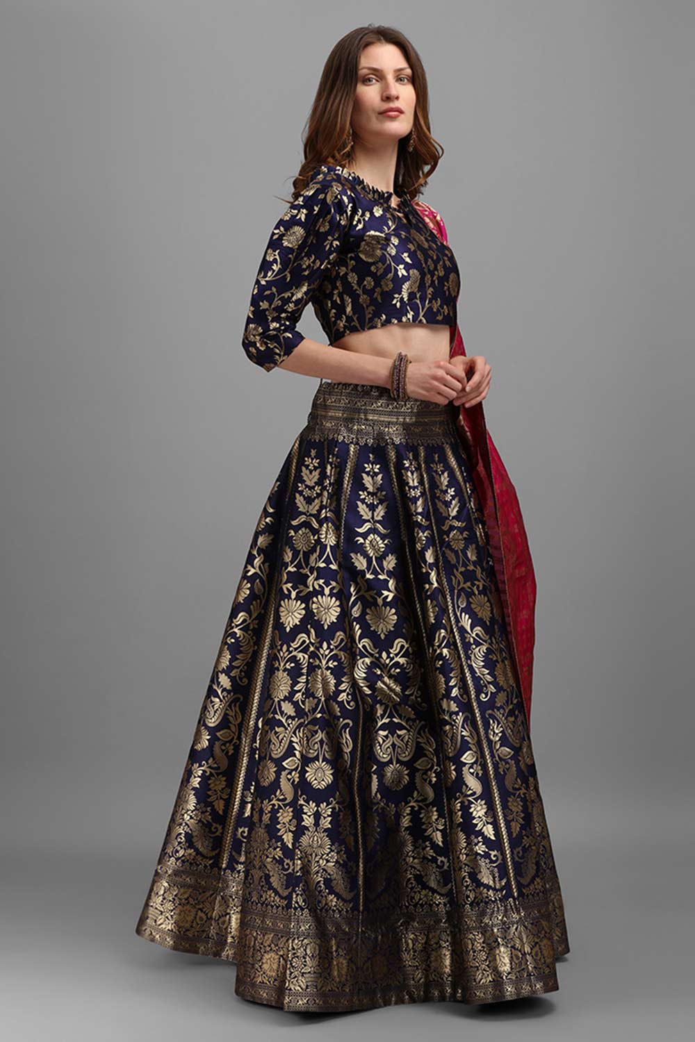 Navy Blue Jacquard Woven Lehenga Choli