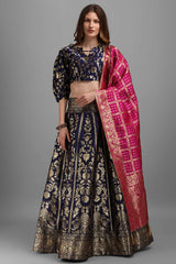 Navy Blue Jacquard Woven Lehenga Choli