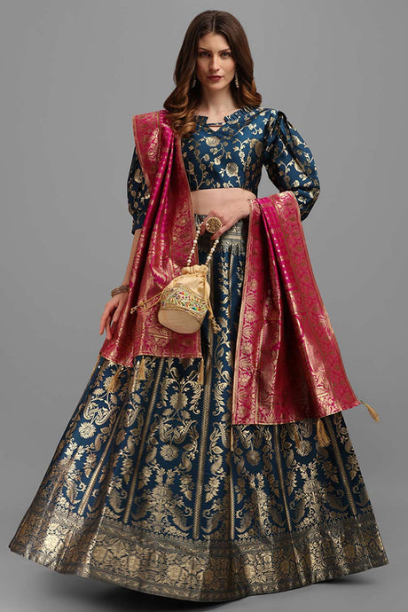 Teal Jacquard Woven Lehenga Choli