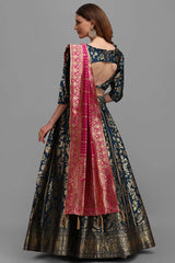 Teal Jacquard Woven Lehenga Choli