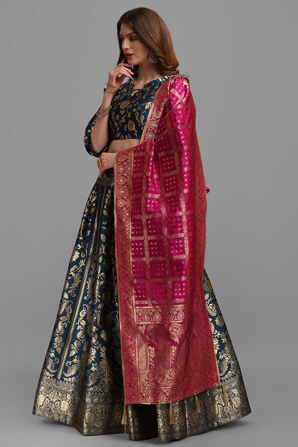 Teal Jacquard Woven Lehenga Choli