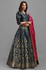 Teal Jacquard Woven Lehenga Choli