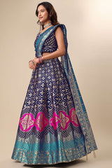 Navy Blue Jacquard Woven Lehenga Choli