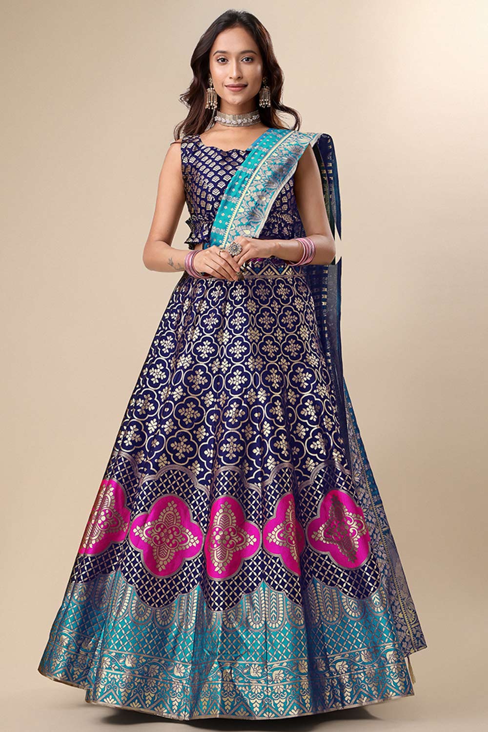 Navy Blue Jacquard Woven Lehenga Choli