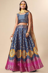 Teal Jacquard Woven Lehenga Choli