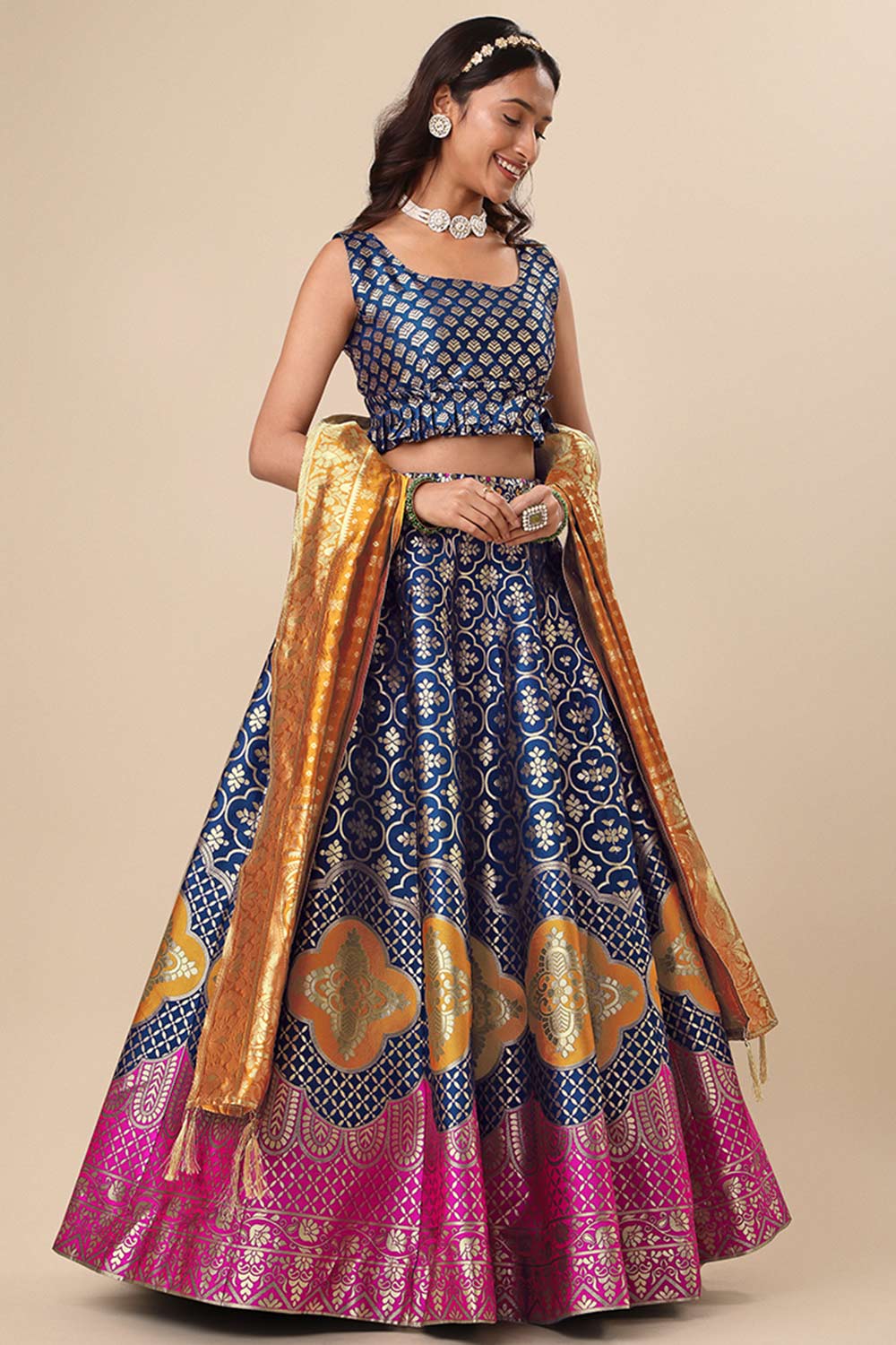 Teal Jacquard Woven Lehenga Choli