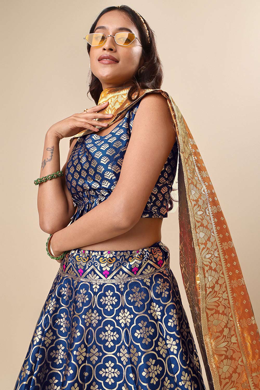 Teal Jacquard Woven Lehenga Choli