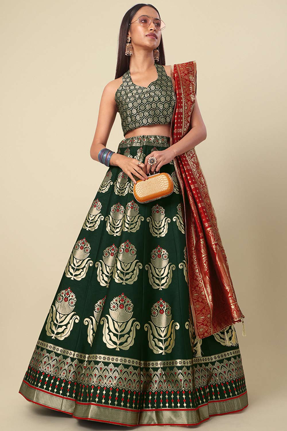 Dark Green Jacquard Woven Lehenga Choli