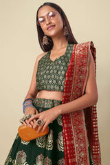 Dark Green Jacquard Woven Lehenga Choli