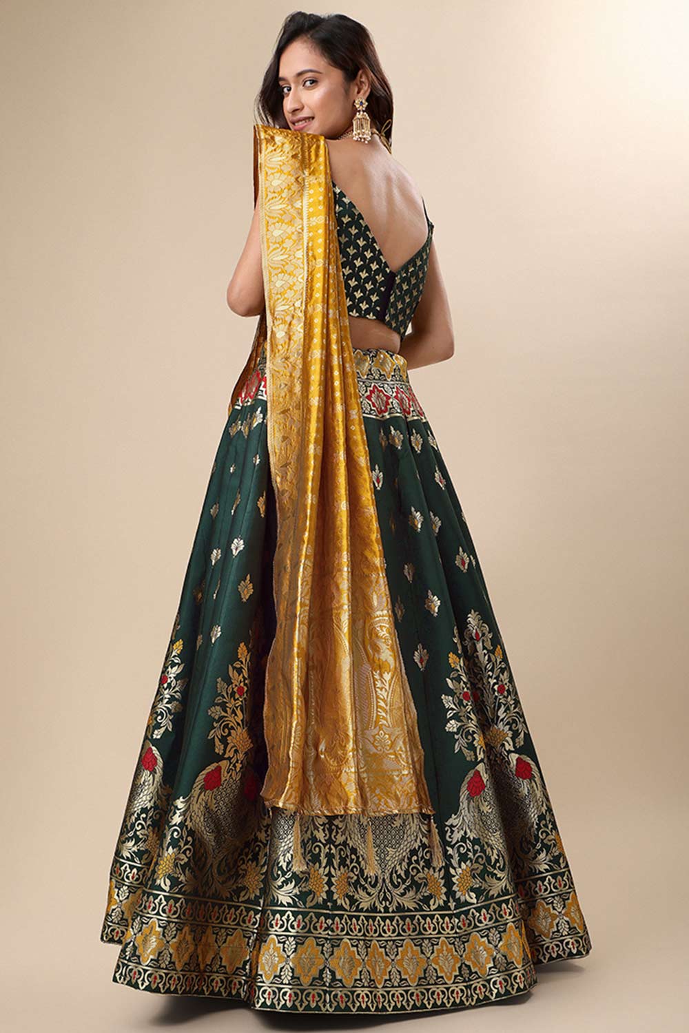 Dark Green Jacquard Woven Lehenga Choli