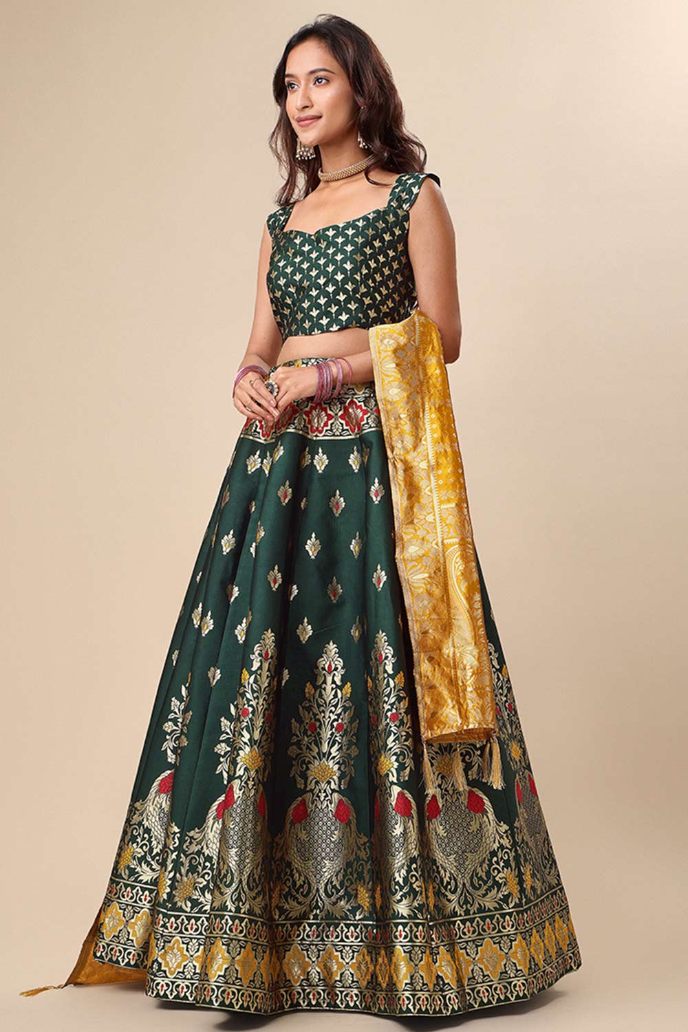 Dark Green Jacquard Woven Lehenga Choli