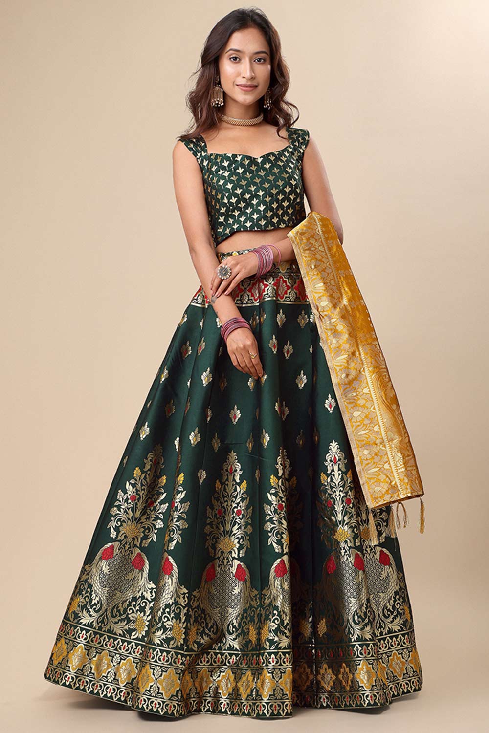 Dark Green Jacquard Woven Lehenga Choli