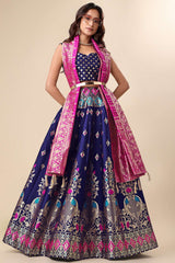 Navy Blue Jacquard Woven Lehenga Choli