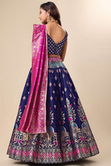 Navy Blue Jacquard Woven Lehenga Choli